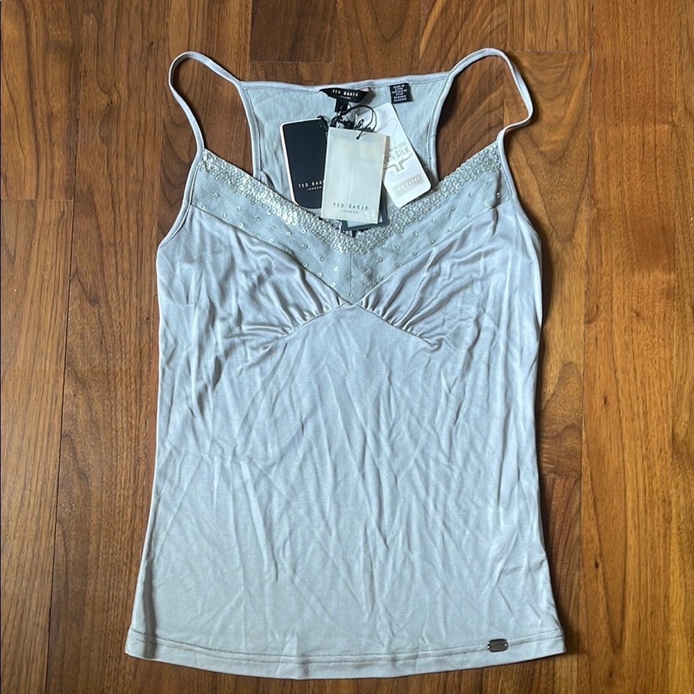 NWT Ted Baker London 100% Silk Gray Sequin Camisole- Size 2